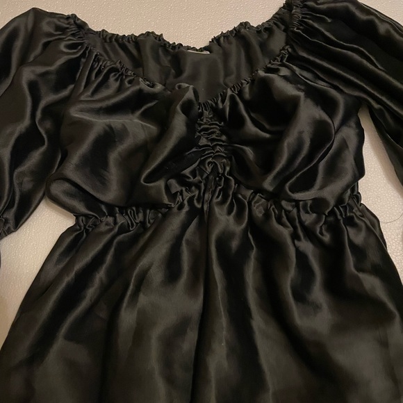 Black Rayon Blouse with draw string underneath breast, elastic waste line. - Picture 3 of 8